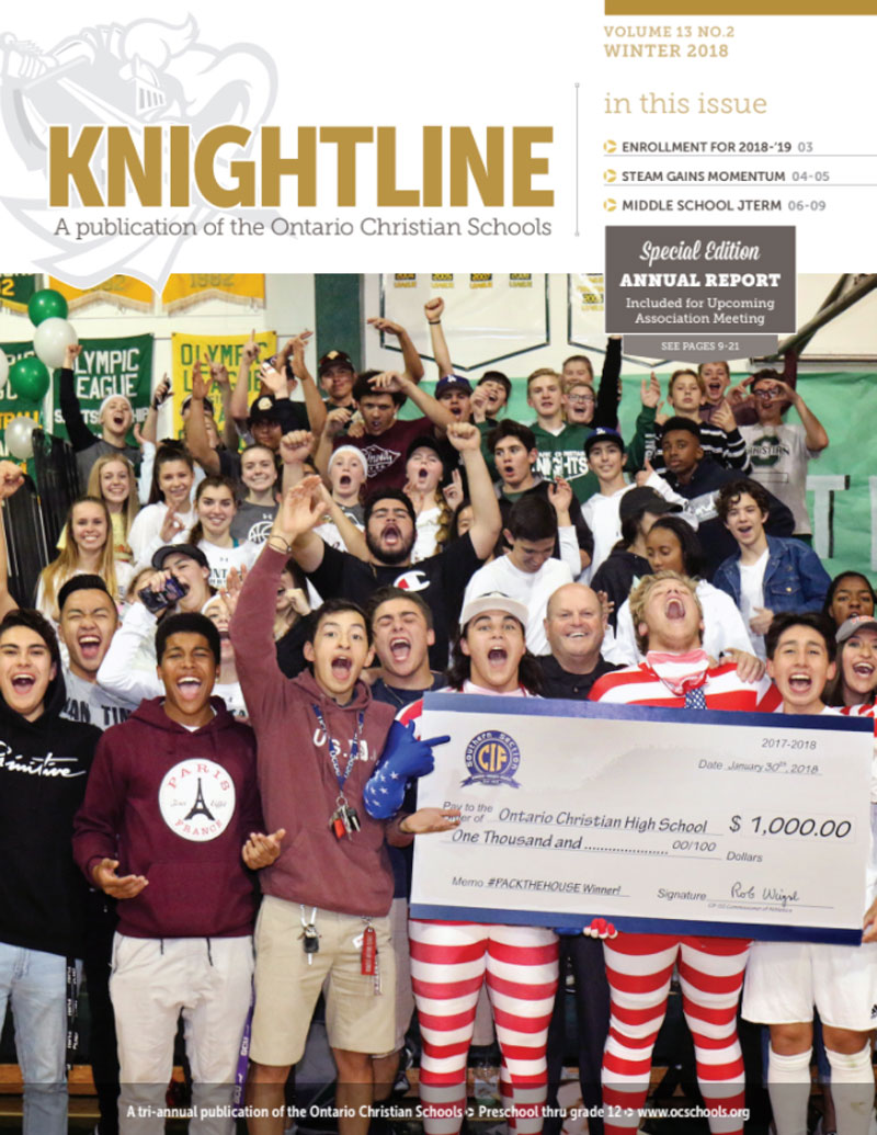 Knightline Magazine Winter 2018 cover image of high school students winning pack the house contest