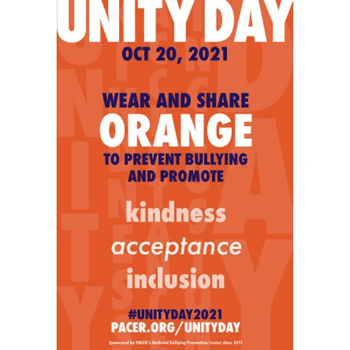 Unity Day flyer 2021 invites students to wear orange to promote kindness, acceptance, and inclusion.