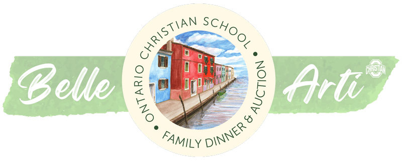 Belle Arti Ontario Christian Family Dinner and Auction Logo text over student watercolor painting