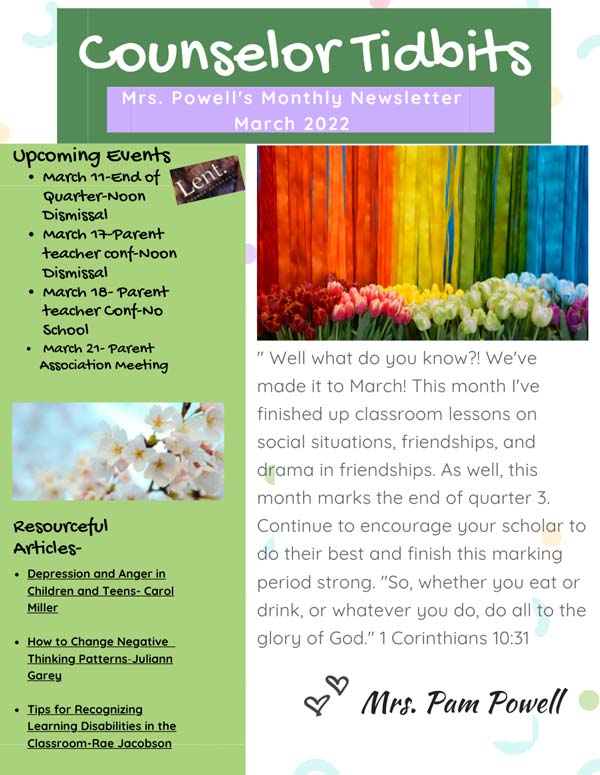 Ontario Christian's K-8 Counselor Newsletter Preview
