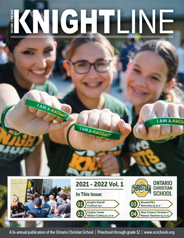 Knightline Magazine cover image of three high school cheerleaders smiling