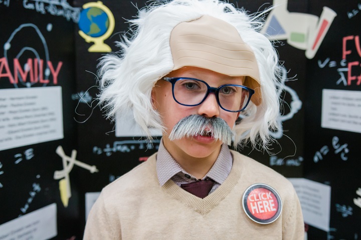 Third Grade Male Student Dressed Up as Albert Einstein for the Third Grade Living Museum Presentation