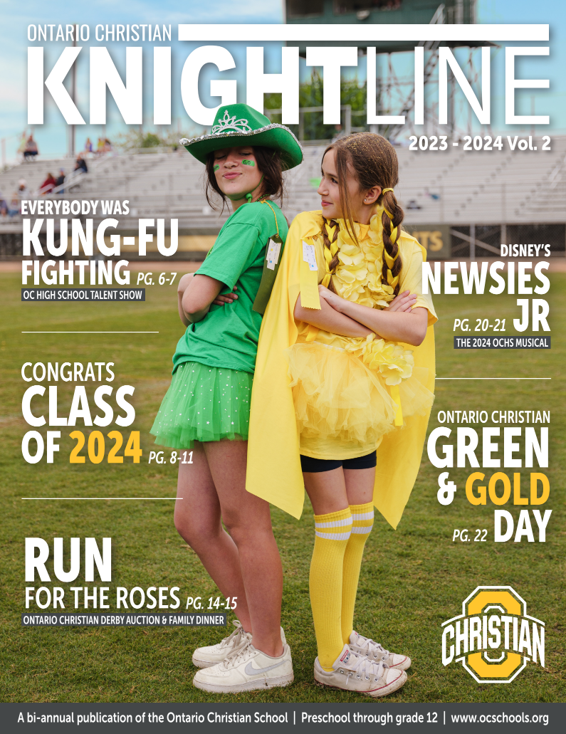 Photo of the Knightline Magazine cover featuring two girls wearing girl and gold smiling with backs together.