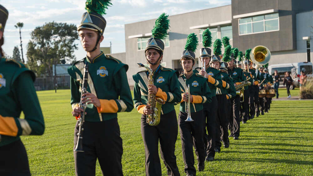 The pep band marching band performs at Ontario Christian High School